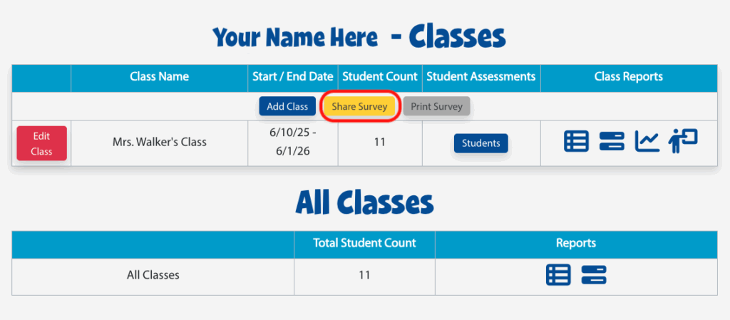 A screenshot of the Classes page in Skills Survey.